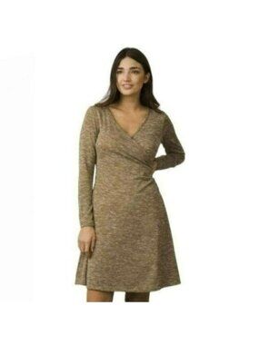 Prana Nadia Women's Small Tan Space Dye V-Neck Faux Wrap Long Sleeve Dress